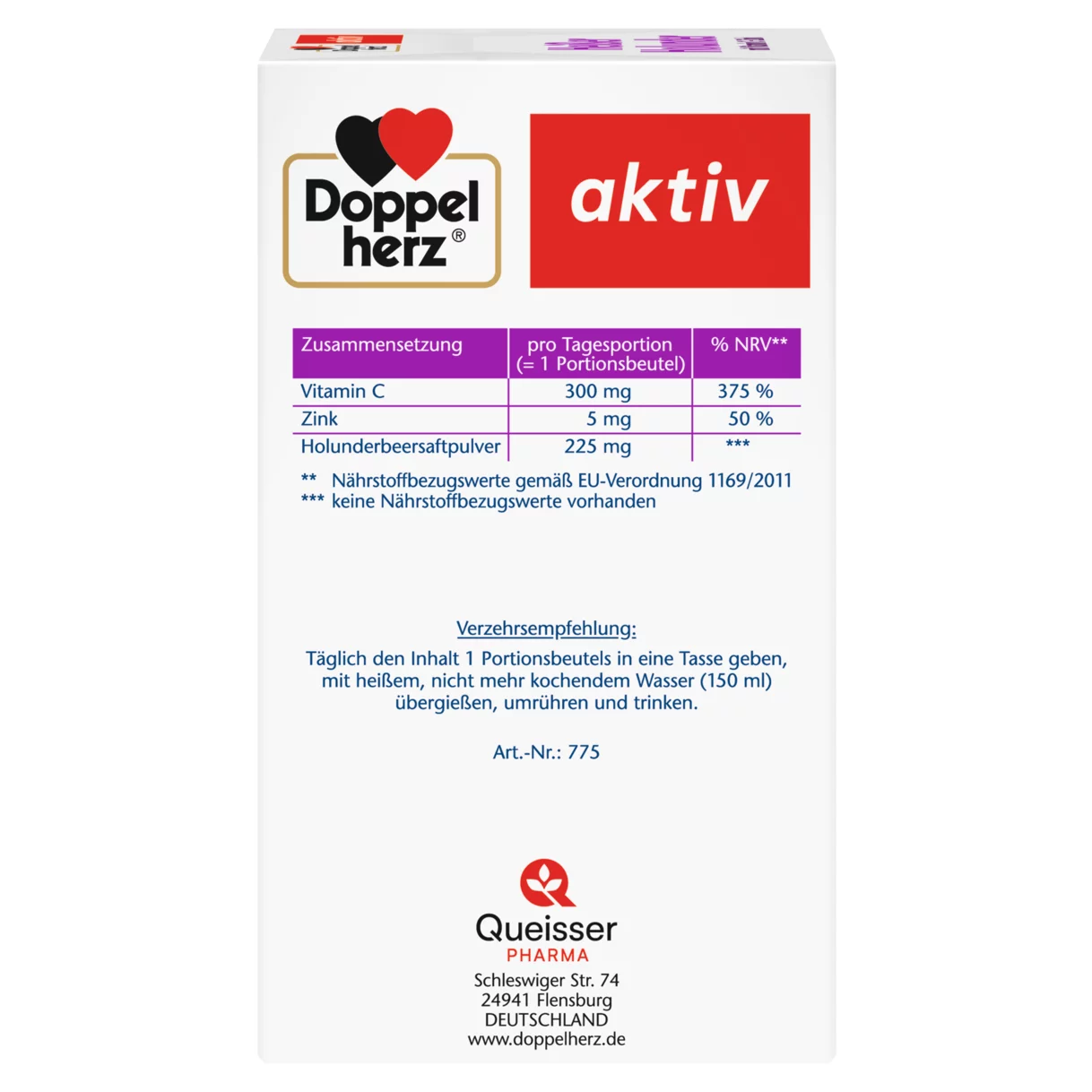 Abbildung der Produktverpackung Doppelherz aktiv Heißer Holunder Seitenansicht links